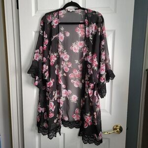 MAURICES Sheer with Lace Floral Open Kimono